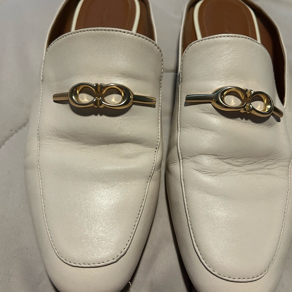 Coach Women’s White Leather Loafers with Gold Accent